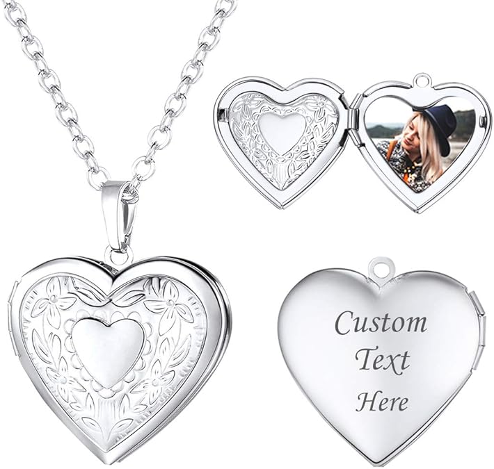 U7 Women Locket Necklace, Heart Photo Lockets Hold Picture, Gift Box Packed | Gold/Silver/Rose Locket Charm, Custom Picture and Engravement Heart Pendant, 20" Chain, Personalized Gift for Mom Wife Friend