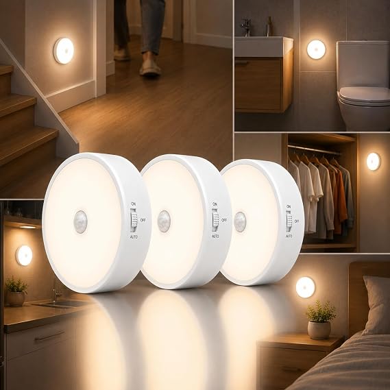 Sensörlü LED Lamba Seti – USB Şarjlı Hareket Sensörlü Gece Lambası, Manyetik Kablosuz Aydınlatma, Dolap, Merdiven, Yatak Odası ve Banyo İçin (3'lü Paket) [Enerji Sınıfı A]