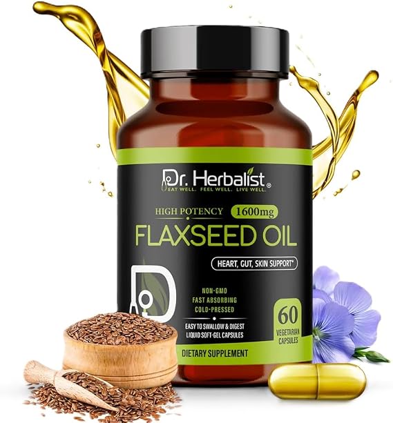 Dr. HERBALIST Flaxseed Oil Softgels 1600mg, Fish Free Omega 3, Halal 60ct
