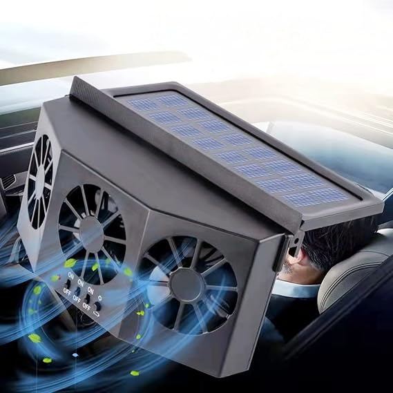 Solar Power Car Exhaust Fan, Black, 5 Watts, 12 Volts, Modern Style, Window Mount, High Efficiency, 6 Blades, 3 Motors, 3 Ducts, Solar Powered, ABS Material, Car Cooling, Exhausting