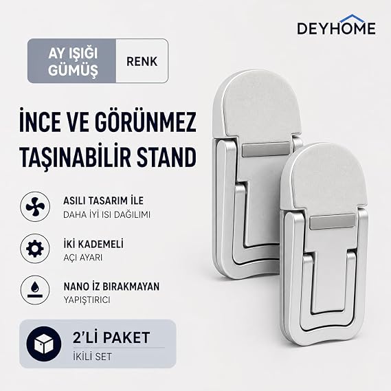 Taşınabilir Laptop Standı, Gümüş, Nano Yapışkanlı, Isı Dağıtıcı, 2 Kademeli Açı Ayarlı, 2'li Set