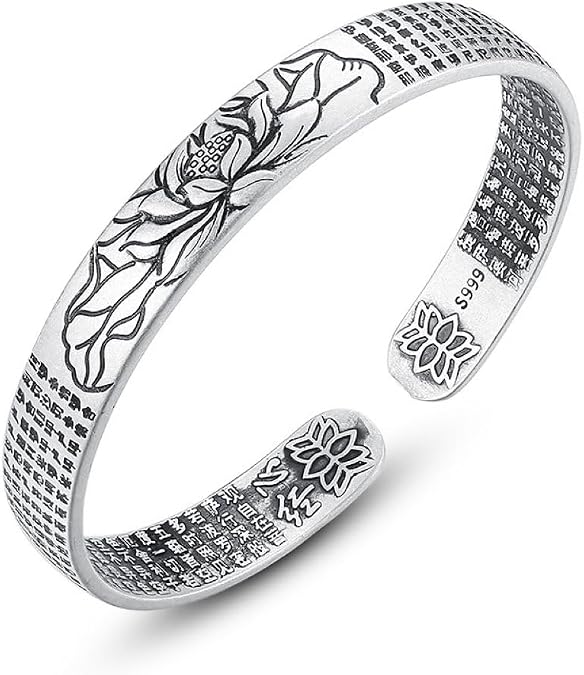 Sutra Retro Opening Adjustable Bracelet Great Mercy Mantra Lotus Heart Sutra Silver Bracelet Hammered Sterling Silver Handmade Cuff Bracelet Minimalist Simple Shiny Silver Bracelet