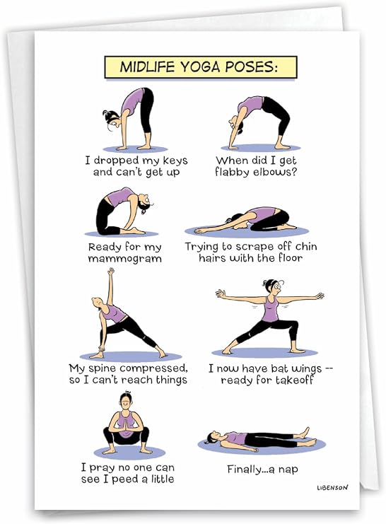NobleWorks 1 Funny Yoga Birthday Cards for Women Midlife Yoga Poses Cartoon Humor, Bday Card with Envelope Midlife Yoga Poses C7312BDG