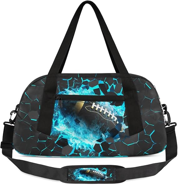 Gym Travel Duffle Bag for Boys - Blue 3D Football Kids Overnighter Weekend Bag with Front Zipper Pocket for School Practice, Teens Carry-On Size Sleepover Bags