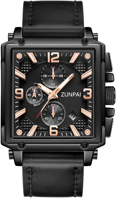 senstone Men's Square Chronograph Quartz Watch Waterproof Luminous Wristwatch with Date Calendar, Leather Strap Stylish Casual Dress Watch for Men