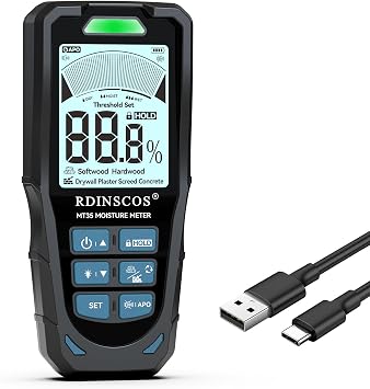 Pinless Moisture Meter for Drywall & Concrete Digital Drywall Moisture Tester with 3-Color LCD Display, Audible Alarm & HOLD Function Ideal for Firewood, Lumber, Home Inspections (Black)