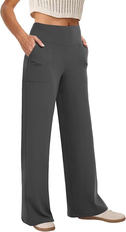 COPYLEAF Wide Leg Pants Woman High Waist Casual Lounge Yoga Pants 2 Pockets | Soft Stretchy Yoga Fabric, Two Pockets, Straight Leg, Loose Dress Pants, Suitable for Work, Yoga, Running, Exercises
