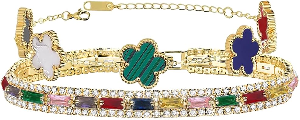 2Pcs Stackable Bracelet Set for Women Cubic Zirconia Tennis Bracelet Adjustable 18K Gold Plated Flower Bracelet Set Trendy Gifts for Women