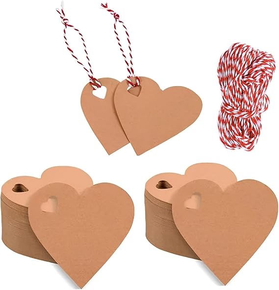 100PCS Heart Shaped Kraft Paper Gift Tags with 33 Feet Twine, Brown Blank Hang Tags for Wedding Favors, Valentines Day Present Wrapping, DIY Crafts and Party Name Labels