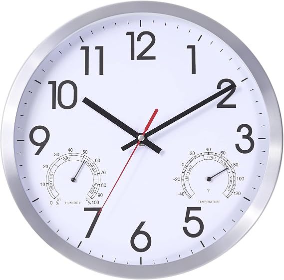 12 Inch Wall Clock with Temperature & Humidity, Aluminum Frame Wall Clocks, Sweep Silent Movement Accurate Clocks, Decorative for Kitchen Living Room Bedroom