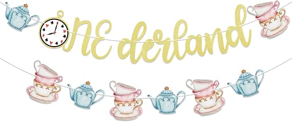 Yochamc Onederland banner - Alice in Onederland Decorations, Baby First Birthday Party Banner, Tea Party 1st Birthday Banner, Alice in Onederland Gold Glitter