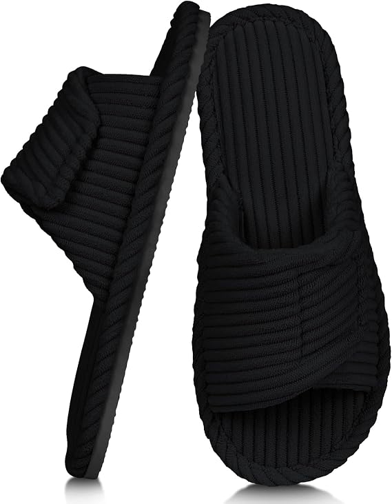 Ladies House Slippers Memory Foam, Adjustable Hook and Loop Corduroy Womens Slippers, Open Toe Cosy Non Slip Indoor Outdoor Home Slipper