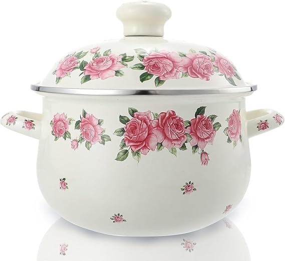 Retro Flower Enamel Stockpot with Lid,Stockpots for Cooking,Vintage Floral Stew Bean Simmer Pot with Handle, Kitchen Soup Pot, Safe for Induction Cookers, Gas Stove (PINK-5QT)