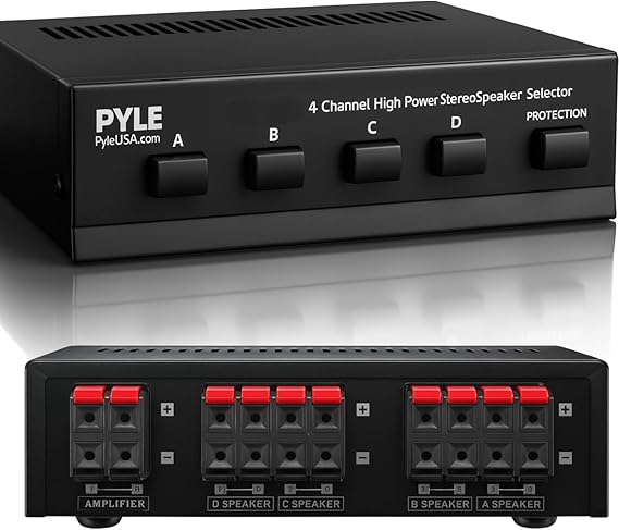 Premium New and Improved 4 Zone Channel Speaker Switch Selector Switch Box Hub Distribution Box for Multi Channel High Powered Stereo Amplifier A/B/C/D Switches | 4 Pairs Of speakers - Pyle (PSS4), Black