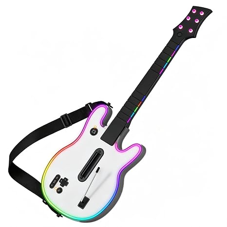 Lyvix Wireless Guitar Controller for PS4 PS3 PC Guitar Hero Rock Band White | Support Clone Hero, Fortnite Festival, Built-in RGB lighting & audio jack