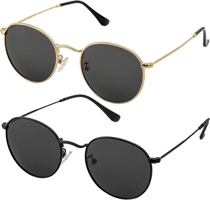 Small Round Polarized Sunglasses for Men Women Classic Circle Metal Frame Sun Glasses 2 Pack