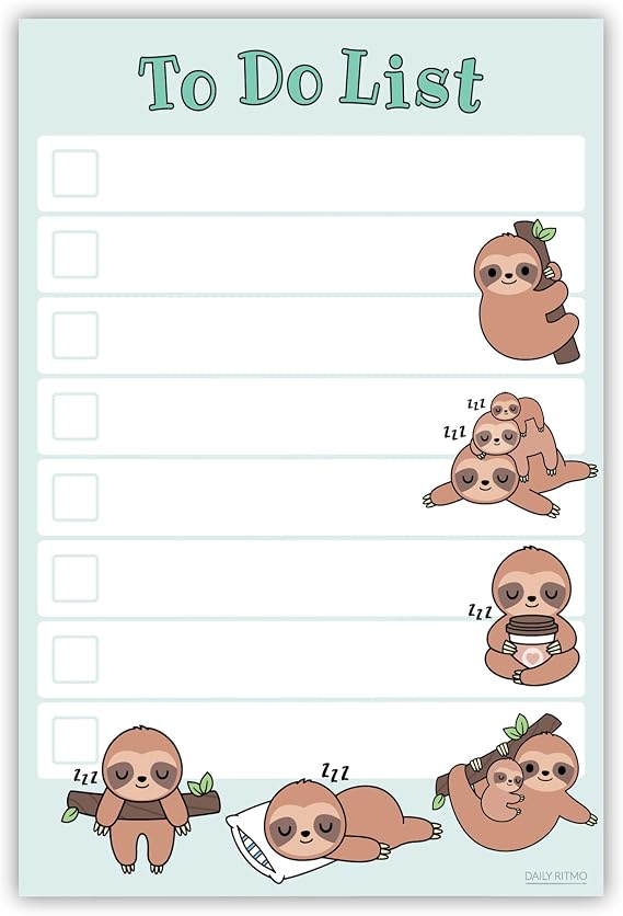 Cute Sloth Sticky to Do List | Funny Kawaii Novelty Notebook Notepad Note Card | Sloths Lover Gift | 50 Pages 4x6