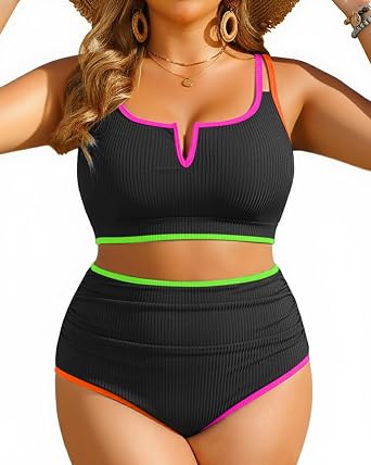 Yonique Women Plus Size High Waisted Bikini - Ribbed Two Piece Swimsuit Tummy Control Bathing Suit V-Wired 2026 Swimwear