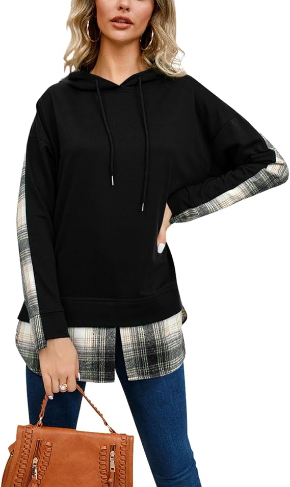 Women's Plaid Patchwork Hooded Sweatshirt Split Hem Hoodie Pullover Jumper Tops