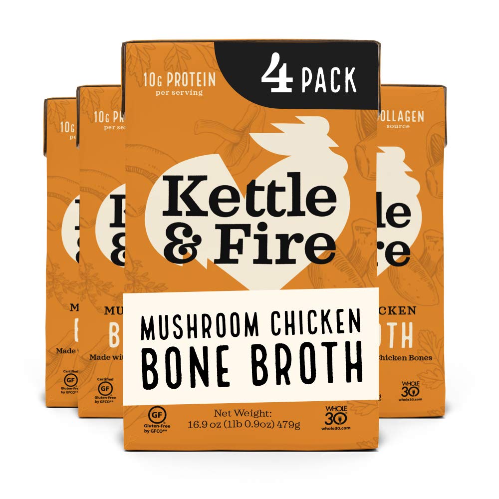 Kettle and Fire Mushroom Chicken Bone Broth, Keto, Paleo and Whole 30 Approved, Gluten Free, High in Protein and Collagen, 4 Pack