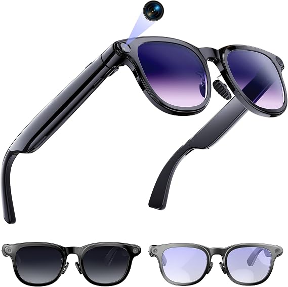 AI Smart Glasses with Camera, 4K Video Recording Camera Glasses for Travel | AI Sunglasses for Women Men, Life Vlog Work, Real-Time Translation, Voice Assistant, Hands-Free Calls, Open-Ear Audio, 3 Lens