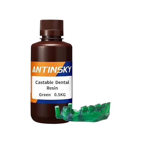 Antinsky Castable Dental Resin for DLP LCD UV-Curing Resin 3d Printer 405nm Complete Combustion, Easy Casting for Dental implant Restoration Frame & Crown High Precision Wide Compatibility 0.5kg Green
