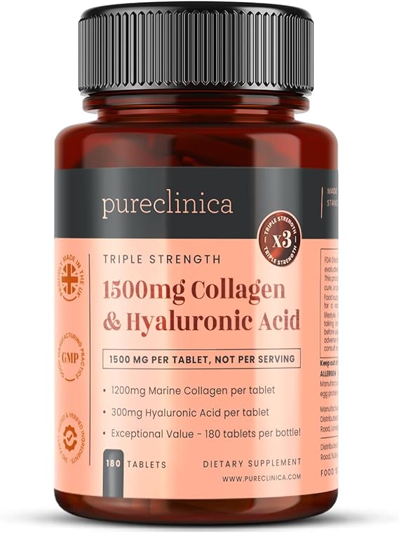 pureclinica 1500mg UltraColl Collagen (1200mg) and Hyaluronic Acid (300mg) x 180 Tablets - 6 Months Supply