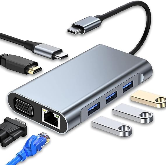 USB C Hub, 4K HDMI VGA USB 3.0 100W PD ve RJ45 Ethernet ile Multiport USB C Adaptörü 7'si 1 arada, MacBook Pro ve Air USB C Dizüstü Bilgisayar ve Diğer Tip C Cihazlarla Uyumlu USB C Bağlantı İstasyonu