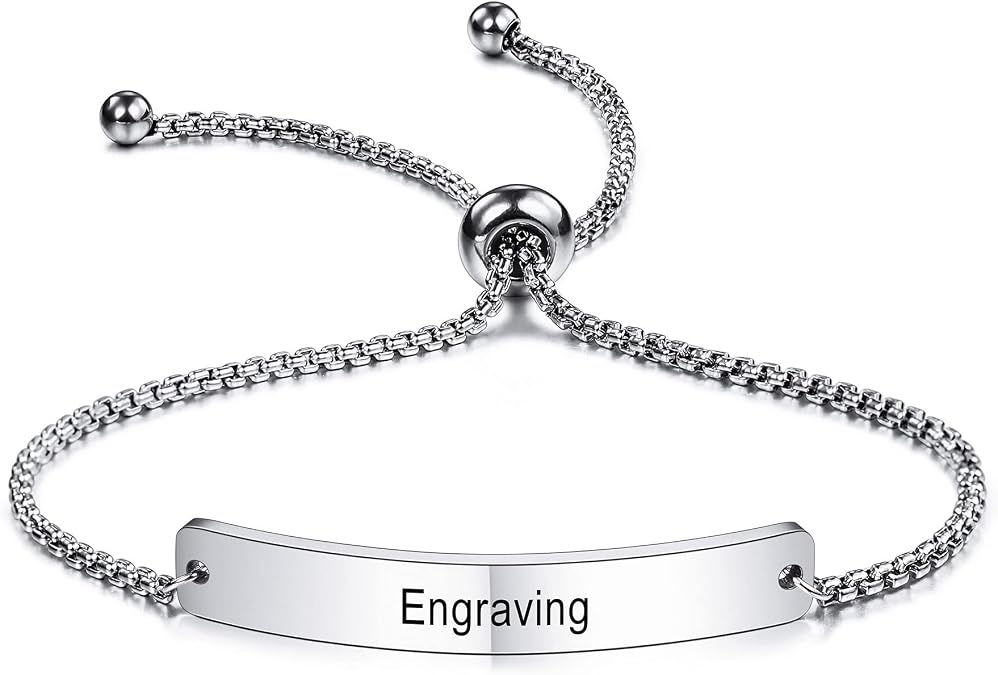 MeMeDIY Personalized Bar Heart Bracelet Customized Engraving Name Date ID for Women Girlfriend Stainless Steel Adjustable Anklet Link Best Friend Bridesmaid Gift
