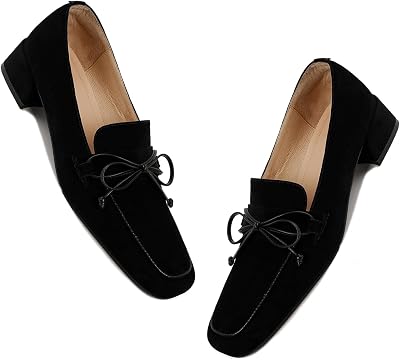 MOOMMO Women Chunky Low Heel Loafers Bow Suede Slip On Closed Square Toe Loafer Shoes Oxfords Comfy 1 Block Heels Dress Shoes Pumps Office Work Pumps Retro Casual Cute 4-11 M US