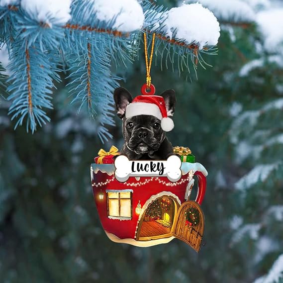Personalized Custom Dog's Name Ornament - Black French Bulldog in Red House Shape, Memorial Gift for Dog Lover, Christmas, Birthday