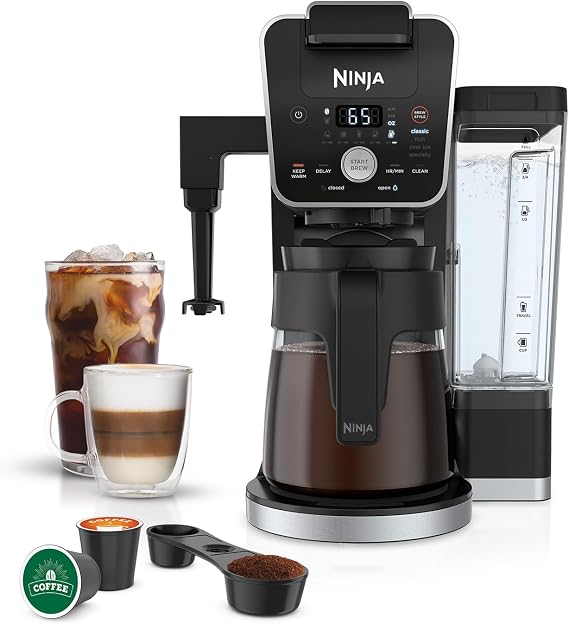 Ninja DualBrew System 14 Cup Coffee Maker, Single Serve Pods & Grounds, 4 Brew Styles, Foldable Whisk, 70 oz, Reservoir & Carafe, Blacvk CFP451A