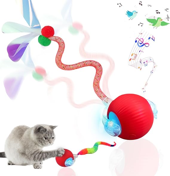 Speedy Tail 2.0 Cat Toy 2 Replaceable Tails, Controllable Chirping, Motion Activated Rolling Ball, USB Rechargeable Enrichment & Exercise for Bored Indoor Cats, Kittens Red