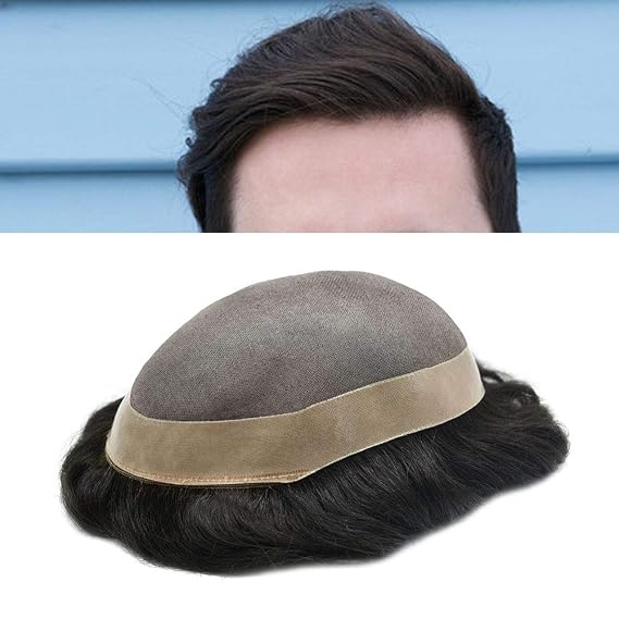 LHC Fine Mono Mens Toupee Human Hair Poly Skin Hair Replacement System Durable NPU Monofilament Wig Hairpiece for Men (10 * 8, #1B10 Off Black+10% Gray)