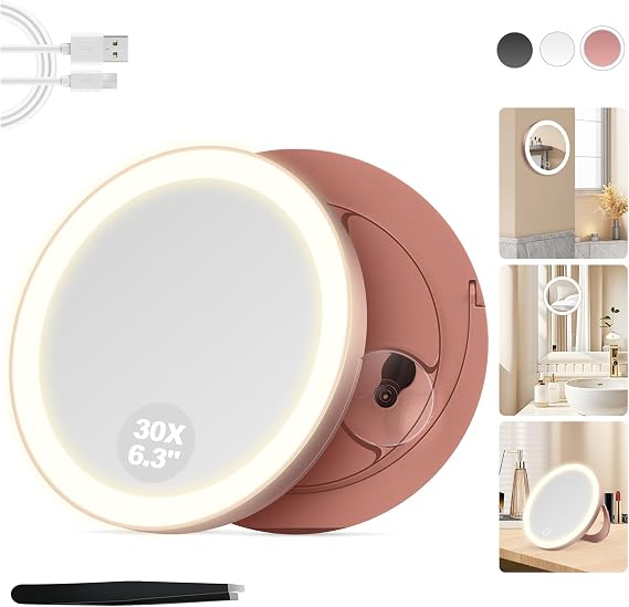MOMOKUBA 30X Magnifying Mirror Suction Cup, 6" Makeup Mirror with Lights, Rechargeable Travel Mirror with 3 Color Dimmable Lights for Precision Makeup, Fits Bathroom/Wall Suction/Hanging, Rosegold