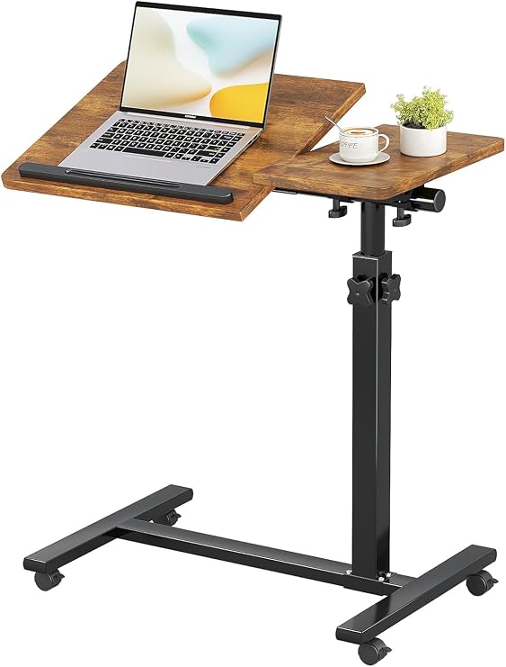 LINGMI Overbed Bedside Desk Mobile Rolling Laptop Stand Tilting Overbed Table with Wheels Height Adjustable Tray Table for Laptop Bed Sofa Side Table