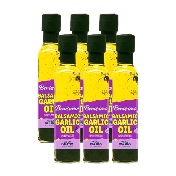 Benissimo Balsamic Garlic Infused Oil 8.1oz (6 Pack) Gourmet Salad Dressing, Marinade & Cooking Oil All-Natural, Omega-3 Rich, Made in USA