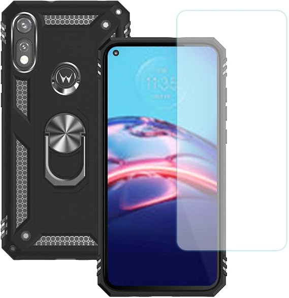 Moto E2020ケース 強化ガラススクリーンプロテクター付き Yiakeng ミリタリーグレード リング付き保護ケース Moto E2020用 ブラック