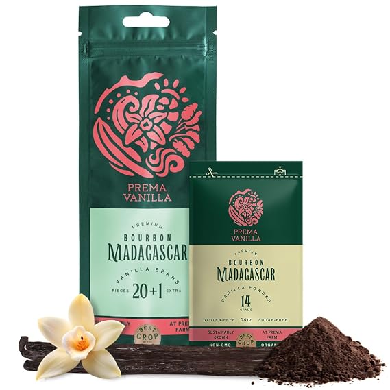 PREMA VANILLA Madagascar Vanilla Beans Pack of 21pcs & Vanilla Powder Bourbon Premium 0.49Oz