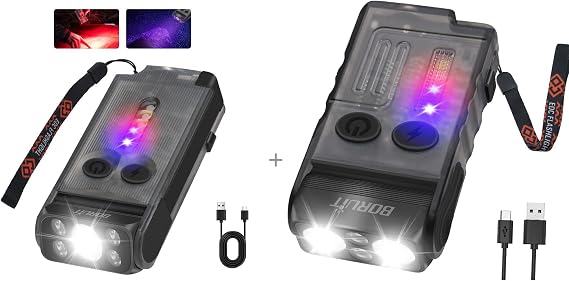 BORUIT V Series Powerful Small Flashlight and Portable Clip Light, Keychain Lights with 365nm Blacklight UV/Red Flashlight,180Rotatable Magnetic Light for Everyday Carry