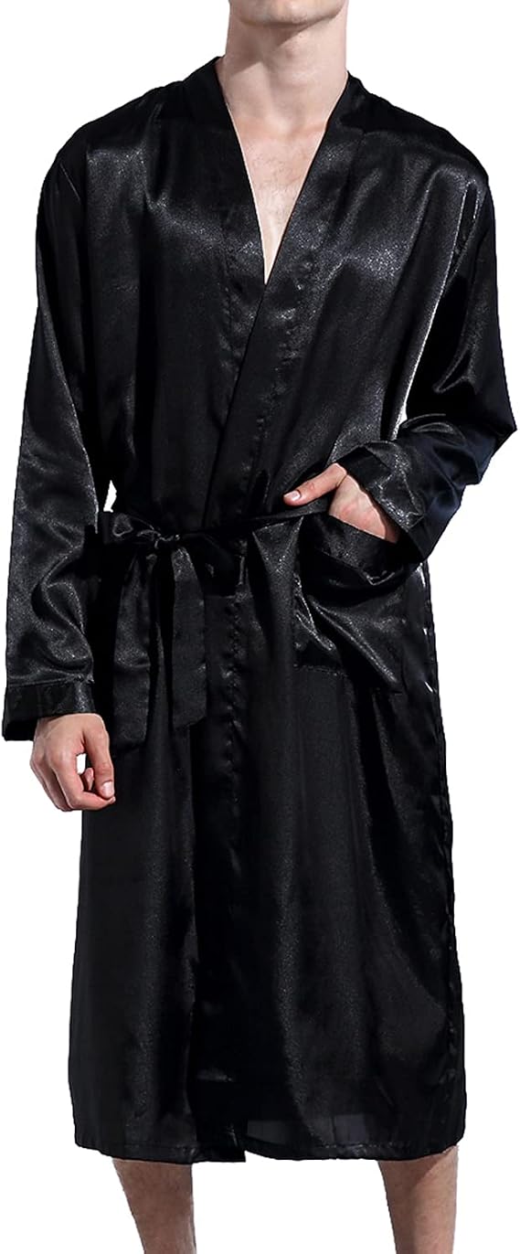 Lu's Chic Men's Satin Kimono Robe Silk Classic Long Bathrobe Pockets Lightweight Loungewear
