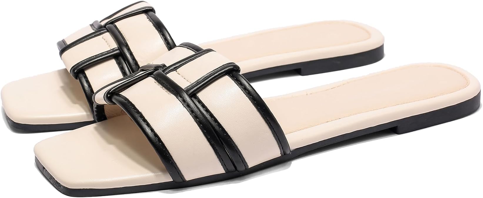 Women's Leather Flat Slides - Comfortable Slip On Sandals, Smart Casual Backless Mule Sandals for Summer