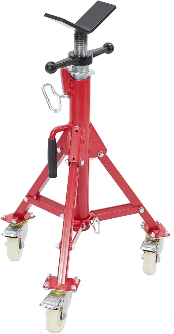 V-Head Pipe Jack Stand with Casters, 28-52 in, 2500 lb, Folding, Red