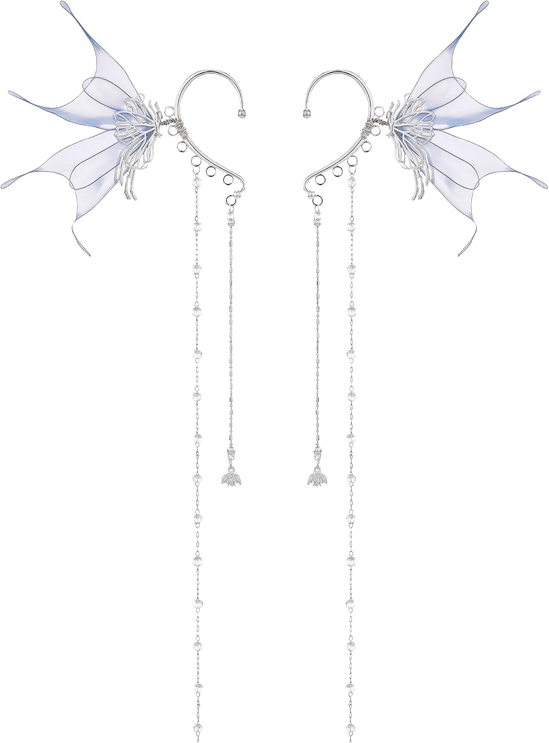 FRESHME Elf Fairy Ear Cuffs - Blue Butterfly Wings Elven Ear Cuffs with Glass Beads Tassel Non Pierced Mermaid Ears for Women Renaissance Dress Up Renfaire Costume Cosplay Makeup Fantasy Accessories