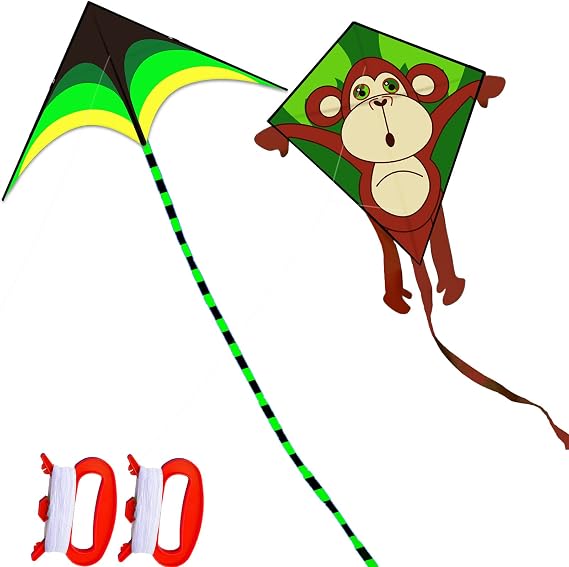 HENGDA KITE-2 Pack Classical Prairie Delta Kite for Adults,and Cartoon Monkey Diamond Kites Easy to Carry with Flying Line