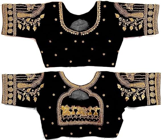 Women's Golden Zari Embroidery Work with Heavy Maggam Work Multicolor Wedding Saree Blouse Designer Readymade Fabric Top (Black, L-38)