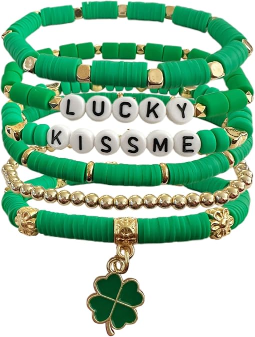BONITTER 6 Pieces Green Four-Leaf Clover Bracelet Set, St Patricks Day Accessories with Green Hat Charm, Lucky Jewelry Gift for Women and Men