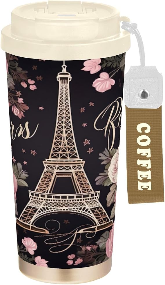 Blueangle Flowers Eiffel Tower Insulated Travel Coffee Mug - Spill & Leak-Proof Stainless Steel Tumbler for Camping & Outdoor, 17oz Reusable Water Bottle with Lid (688)