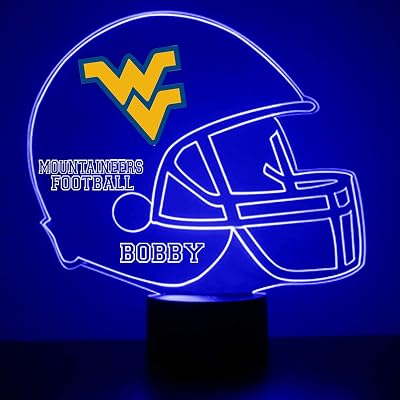 Officially Licensed West Virginia University Mountaineers Football Helmet Custom LED Sign Night Light Lamp with Remote, Light Up Display with Personalized Name or Image, Customized, Made in The USA