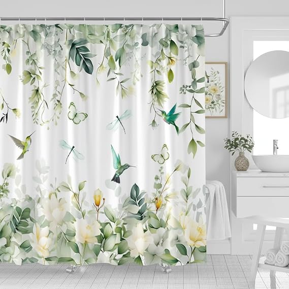 Green Eucalyptus Leaves Shower Curtain, Butterfly Dragonfly,70 x 70
